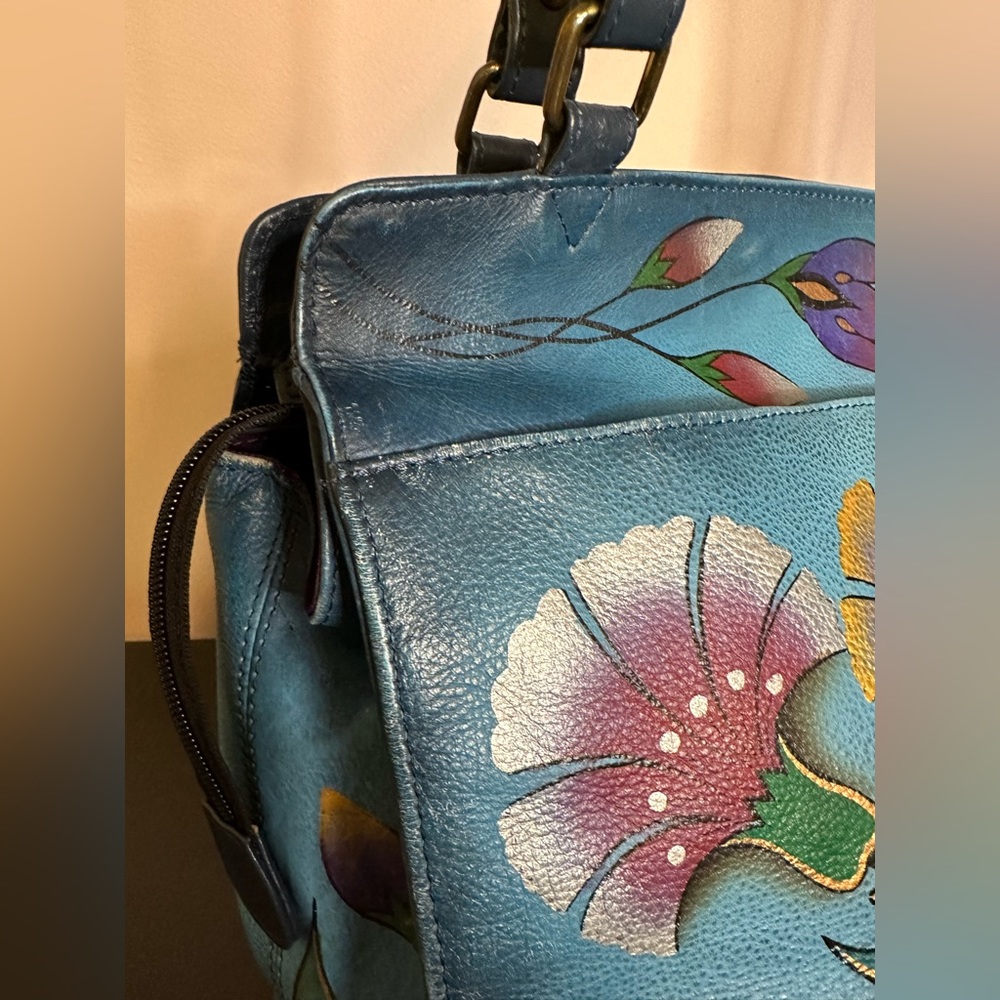 Anuschka Hand Painted Leather Teal Floral Tote Shoulder Handbag Purse - Picture 10 of 16